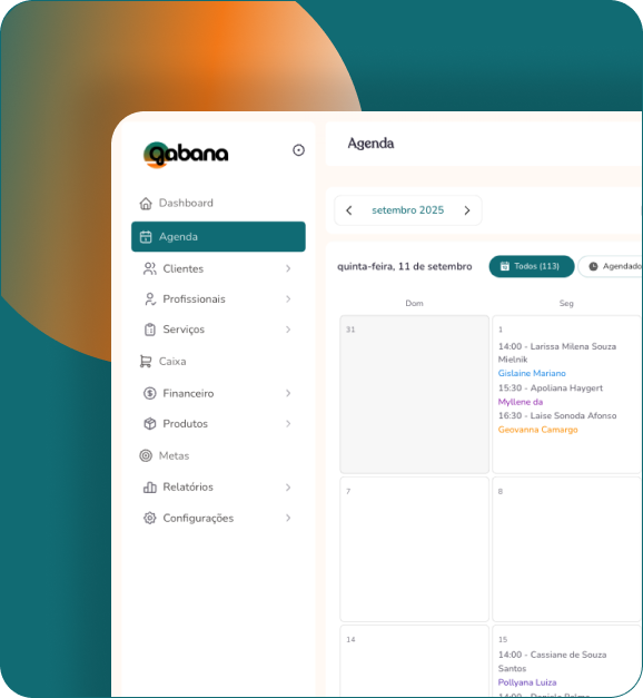 Tela do aplicativo Agenda Gabana em um celular, com agenda e gestão do salão